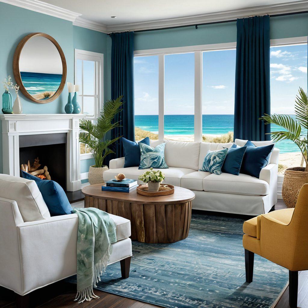 A stylish coastal home interior featuring a harmonious blend of fashion and functionality. Showcase elegant fabrics draping on furniture, vibrant ocean-inspired color palettes, and practical design elements like storage solutions and comfy seating. Include seashell accents and botanical touches to enhance the coastal vibe. The scene should evoke relaxation and sophistication. super-realistic. vibrant colors. 3D.