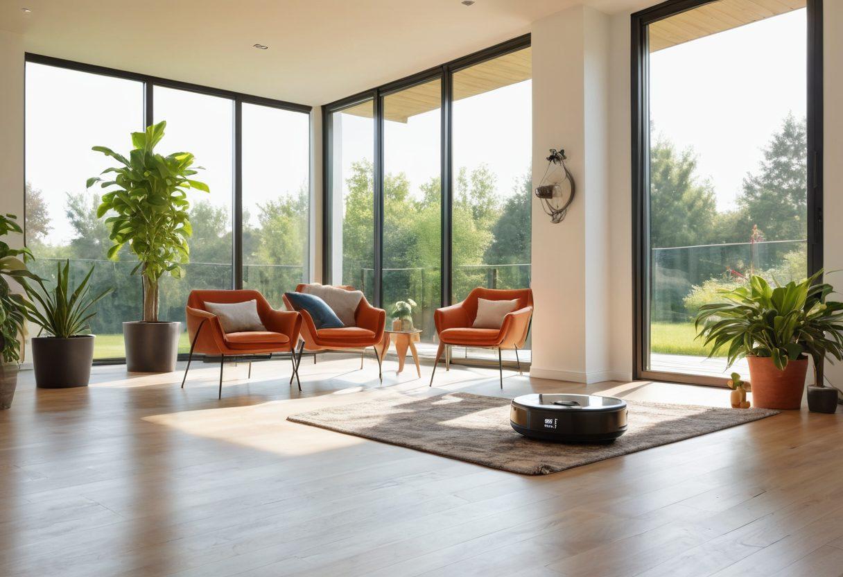 A stylish modern home interior featuring must-have smart gadgets like a smart thermostat, robotic vacuum, and smart light controls, illuminated by warm sunlight pouring through large windows. The scene should convey comfort and innovation, highlighting sleek design and technology integration. Include potted plants for a fresh atmosphere, and a hint of summer in the background. super-realistic. vibrant colors. airy and bright.